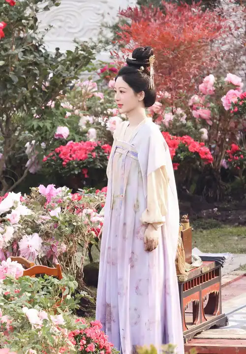 杨紫国色芳华路透穿襦裙置身牡丹园明艳清丽
