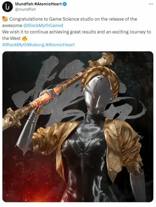 舞伶手持金箍棒原子之心发文祝贺黑神话发售