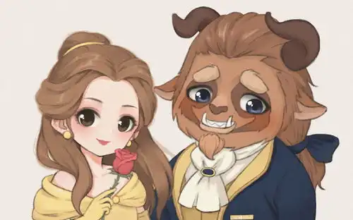 迪士尼王子与公主的甜蜜情侣合照,野兽真像只乖乖的小狗狗