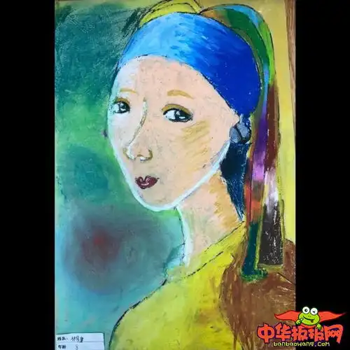 优秀儿童画作品图片,带珍珠耳环的少女