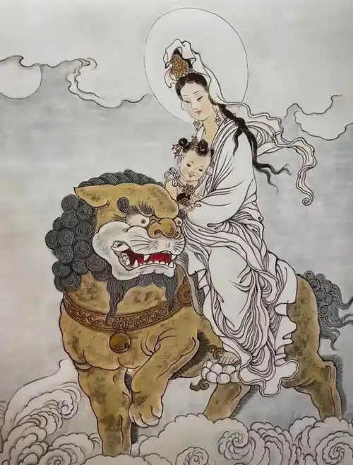 图中,观音怀里抱的是西游记中最凶残的小孩,观骑的最好色的坐骑
