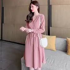 2020春装新款连衣裙衬衫裙女复古港味设计感小众中长款收腰衬衣裙