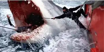 四散的人群与庞大的鲨鱼形成了鲜明的对比,渺小的不值一提
