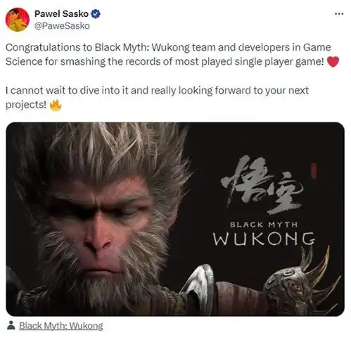 星刃原子之心等国外开发商发文祝贺黑神话悟空发售