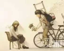 一个男孩背着所有的家当骑着一部单车给一个坐着的女孩一束花