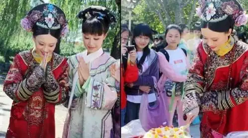 明星片场休息,赵雅芝靠在法海身上拍照,皇阿玛穿着军大衣