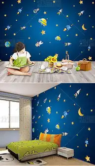 星月童话卡通太空吊顶壁画儿童房背景墙图片素材效果图下载
