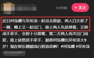34岁何泓姗被曝恋情,素颜与小9岁吴希泽旅游,牵手搂抱同回酒店

