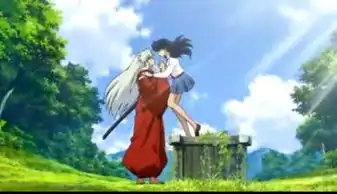 给我一张犬夜叉完结篇最后一集,犬夜叉和戈薇接吻的瞬间的图片
